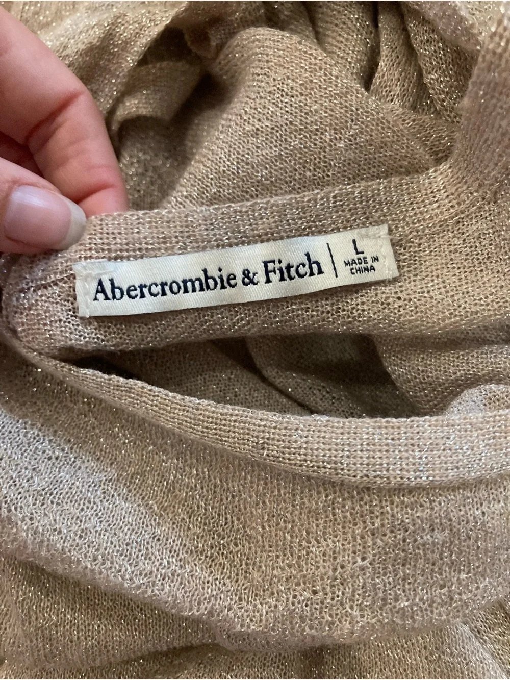 Abercrombie Long Sleeve Metallic Knit Midi Dress in Light Beige Size Large